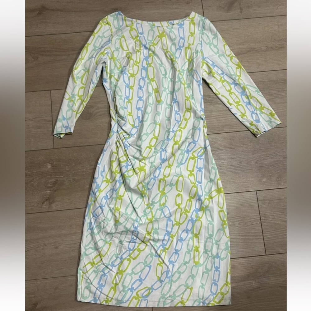 J. McLaughlin Dress Blue Green Chain Print Ruched Side Summer Catalina Sheath S